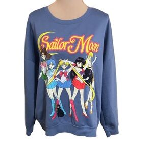 Sailor Moon Blue Graphic Crewneck Pullover Sweatshirt Size XL Anime Cartoon GUC